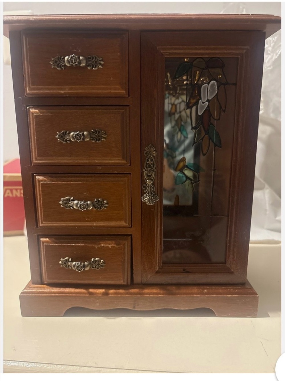 Vintage Taiwan Wooden Jewelry Armoire 4 Drawer
